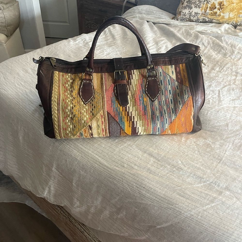Colorful Patterned Duffel Bag with Leather Accents from Morocco. Handmade! New.